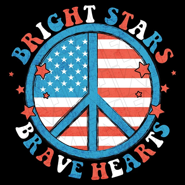 Bright Stars Brave Hearts Peace Flag Patriotic DTF Transfer applied to a shirt