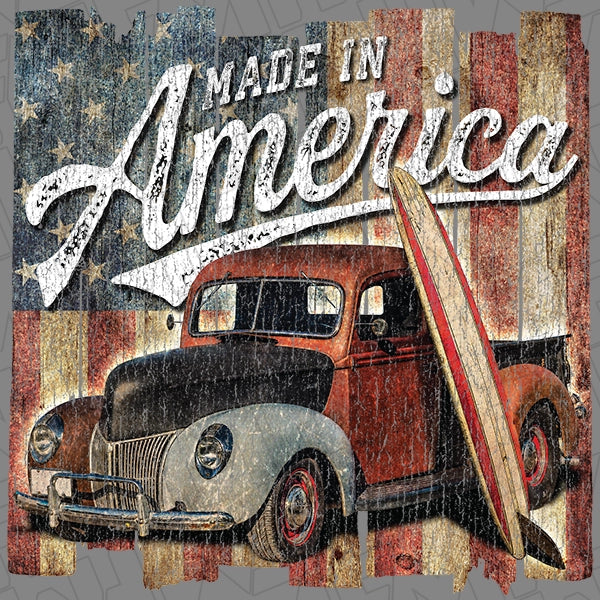 Made in America Vintage Truck Americana Patriotic DTF Transfer applied to a shirt