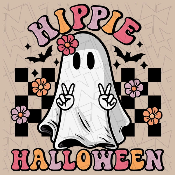 Hippie Halloween Checker Peace Ghost Halloween DTF Transfer applied to a shirt