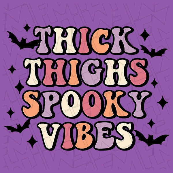 Thick Thighs Spooky Vibes Bats Halloween DTF Transfer applied to a shirt