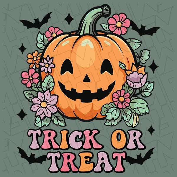 Trick or Treat Pumpkin & Flowers Halloween DTF Transfer applied to a shirt