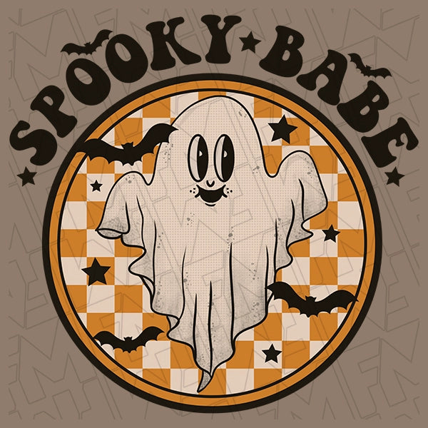 Spooky Babe Retro Cartoon Ghost Halloween DTF Transfer applied to a shirt