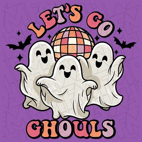 Lets Go Ghouls Disco Dancing Ghosts Halloween DTF Transfer applied to a shirt