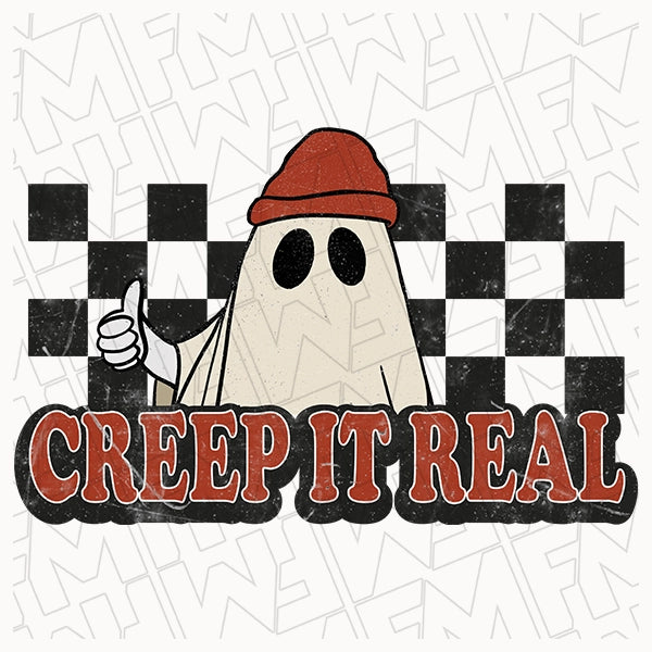 Creep it Real Checker Ghost Halloween DTF Transfer applied to a shirt