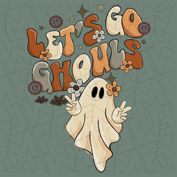 Lets Go Ghouls Boho Hippie Ghost Halloween DTF Transfer applied to a shirt