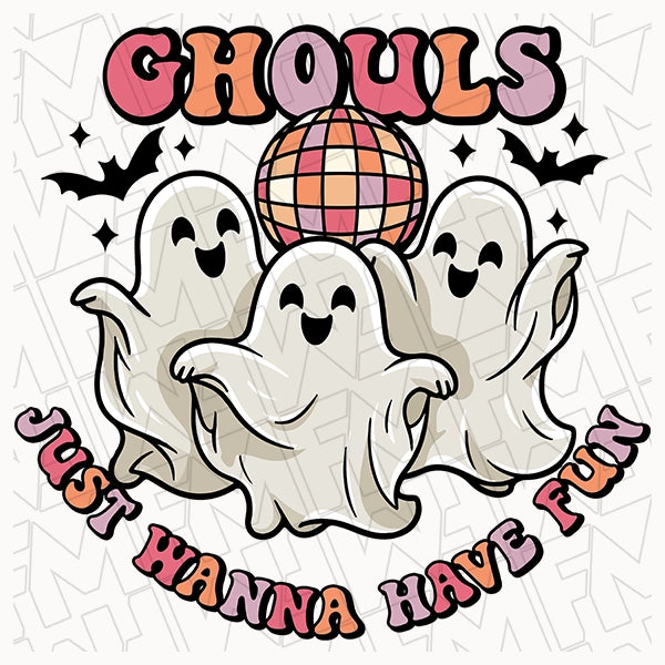 Ghouls Just Wanna Have Fun Dancing Ghosts Halloween DTF Transfer applied to a shirt