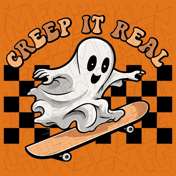 Creep it Real Checker Skate Ghost Halloween DTF Transfer applied to a shirt