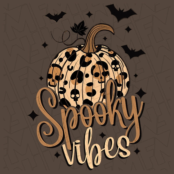 Spooky Vibes Leopard Pumpkin & Bats Halloween DTF Transfer applied to a shirt