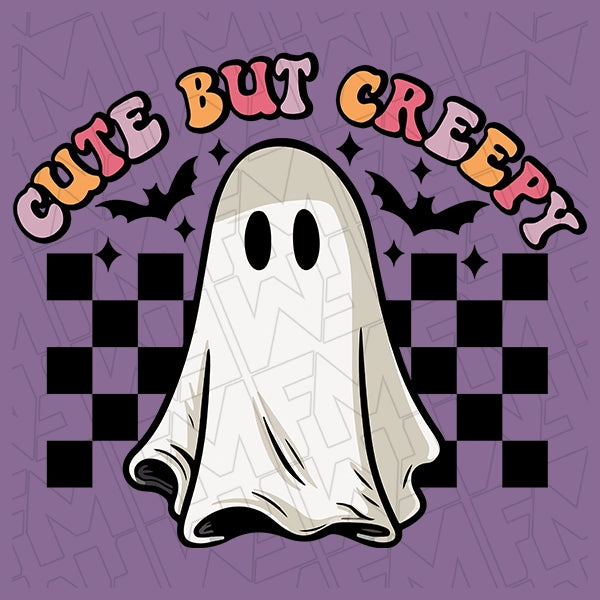 Cute but Creepy Checker Ghost Halloween DTF Transfer applied to a shirt