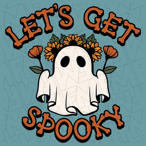 Lets Get Spooky Boho Hippie Ghost Halloween DTF Transfer applied to a shirt