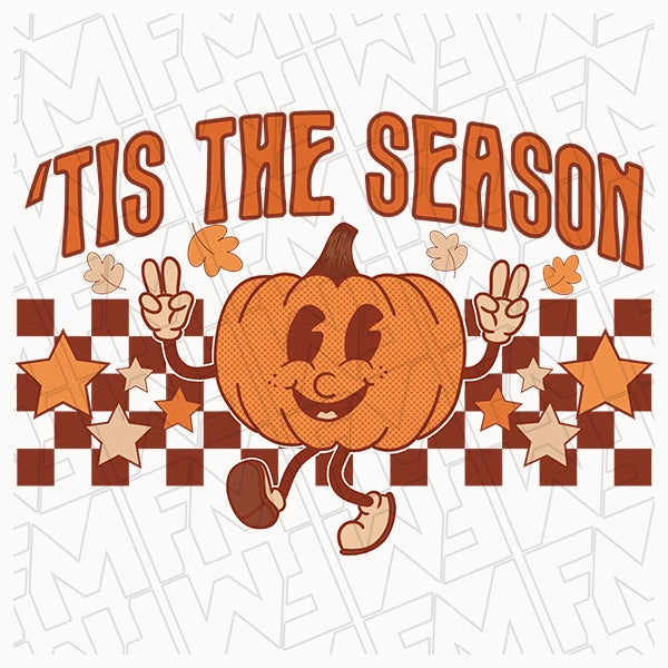 Tis The Season Vintage Pumpkin Cartoon Halloween DTF Transfer applied to a shirt