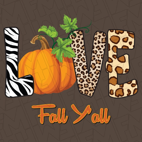 Love Fall Y'all Animal Print Pumpkin DTF Transfer applied to a shirt