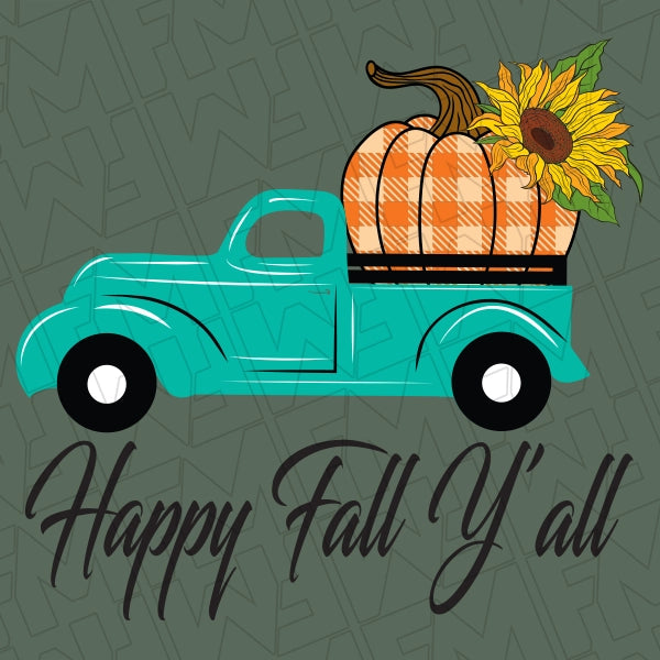 Happy Fall Y'all Vintage Blue Pickup Truck DTF Transfer applied to a shirt