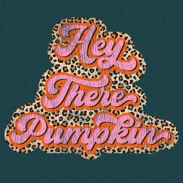 Hey There Pumpkin Leopard Script Fall DTF Transfer applied to a shirt