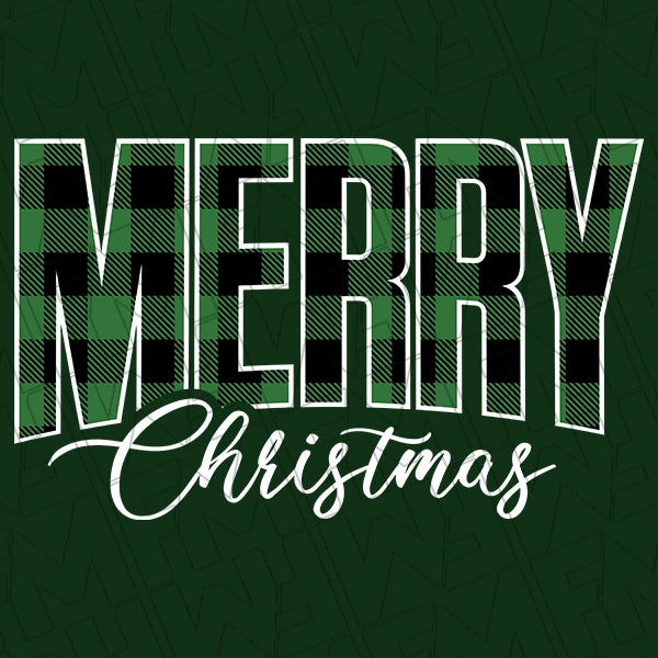 Merry Christmas Green Black & White Plaid Christmas DTF Transfer applied to a shirt