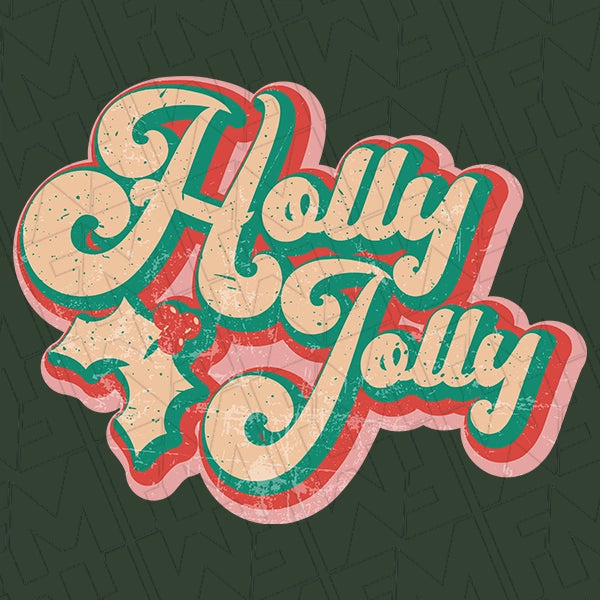 Holly Jolly Retro Script Christmas DTF Transfer applied to a shirt