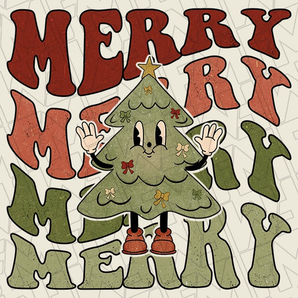 Merry Christmas Tree Wavy Text Christmas DTF Transfer applied to a shirt