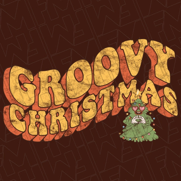 Groovy Christmas Tree Retro Christmas DTF Transfer applied to a shirt