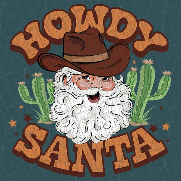 Howdy Santa Cowboy Western Christmas DTF Transfer applied to a shirt