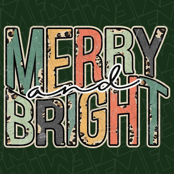 Merry and Bright Multicolor Wavy Text Christmas DTF Transfer applied to a shirt