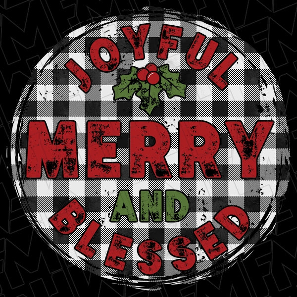 Joyful Merry and Blessed Plaid Christmas DTF Transfer applied to a shirt