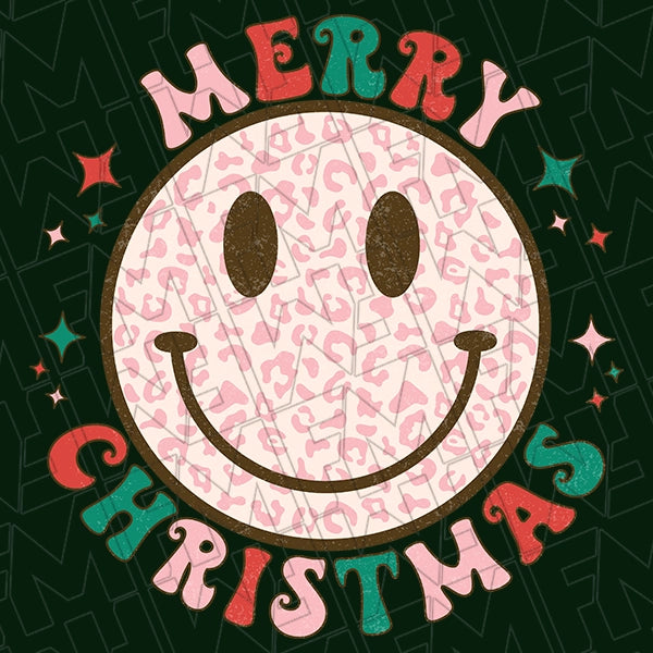 Merry Christmas Pink Leopard Smiley Christmas DTF Transfer applied to a shirt