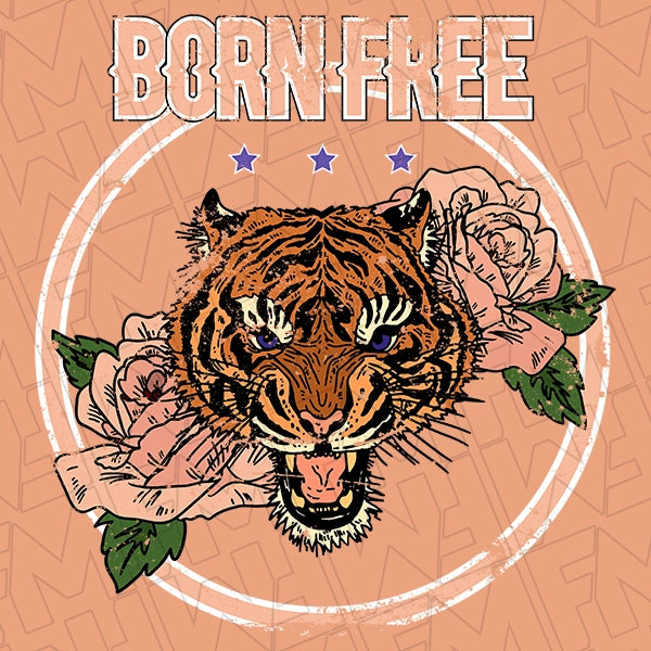 Born Free Tiger and Roses DTF Transfer applied to a shirt