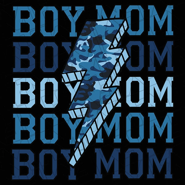 Blue Camo Boy Mom Lightning Bolt DTF Transfer applied to a shirt