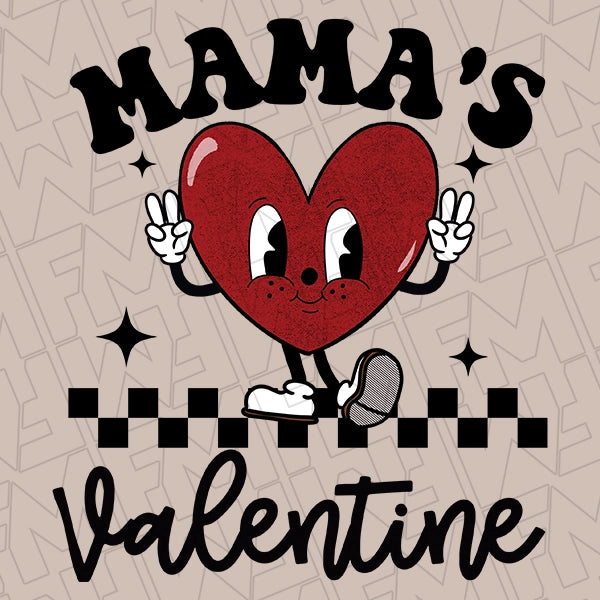 Mamas Valentine Retro Heart Kids Valentines DTF Transfer applied to a shirt