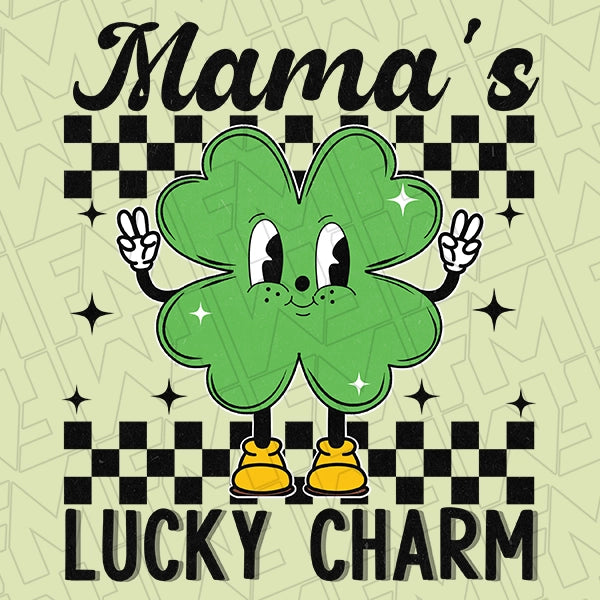 Mamas Lucky Charm Checker Shamrock DTF Transfer applied to a shirt