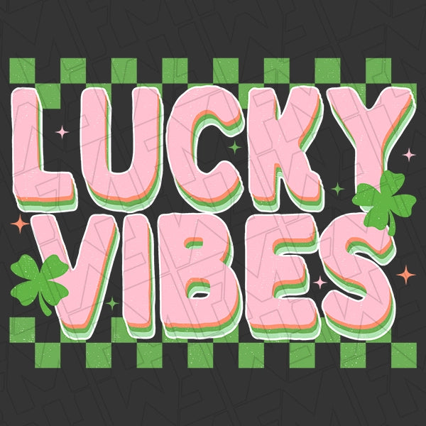 Lucky Vibes Checker DTF Transfer applied to a shirt