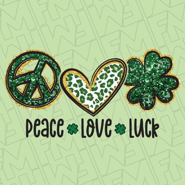 Peace Love Luck Simulated Glitter DTF Transfer applied to a shirt