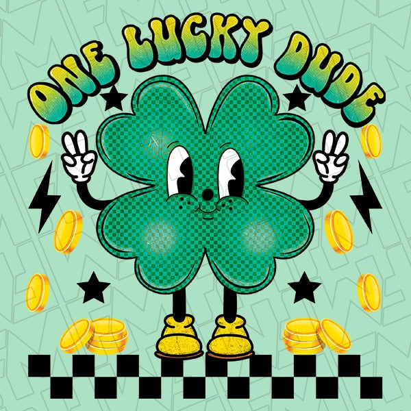 One Lucky Dude Checker Shamrock Kids DTF Transfer applied to a shirt