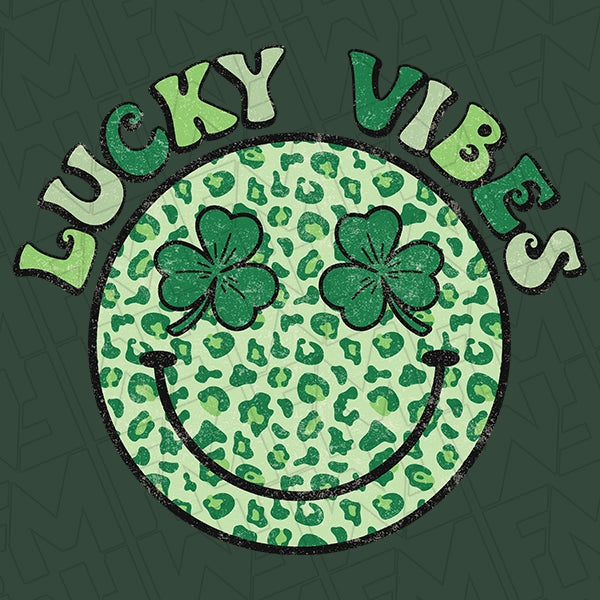 Lucky Vibes Green Leopard Smiley Face DTF Transfer applied to a shirt